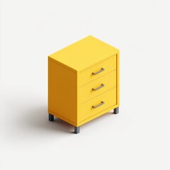 Isometric view of a bright yellow dresser with three drawers and dark gray handles