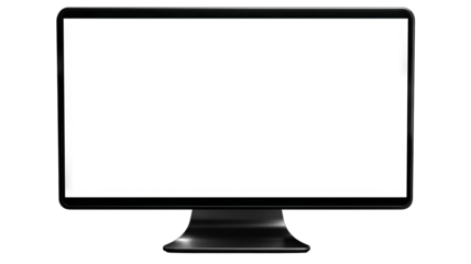 Realistic computer monitor mockup, blank screen, slim-bezel desktop display, front view isolated on transparent background, high-resolution PNG cutout template for UI design and web previews