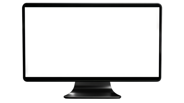 Realistic computer monitor mockup, blank screen, slim-bezel desktop display, front view isolated on transparent background, high-resolution PNG cutout template for UI design and web previews
