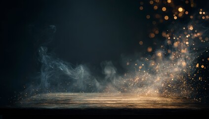 Dark, smoky tabletop with golden sparks