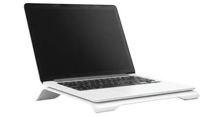 Adjustable aluminum laptop stand for ergonomic desk setup — minimalist portable riser with cable management and ventilation slots, isolated on transparent background (high-resolution PNG cutout)