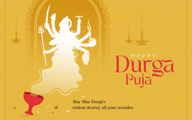 Happy Durga Puja Template Design with Goddess Durga Silhouette Illustration