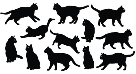 Black cat silhouettes collection, sitting and walking feline vector art, domestic pet clipart, cute cat shapes, animal graphic design set