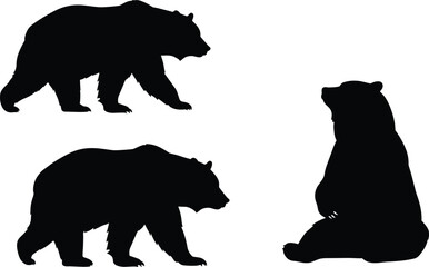 Bear silhouettes collection, walking and sitting wild animal vector art, grizzly bear shapes, wildlife clipart, forest animal design illustration set