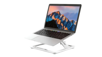 Adjustable aluminum laptop stand for ergonomic desk setup — minimalist portable riser with cable management and ventilation slots, isolated on transparent background (high-resolution PNG cutout)