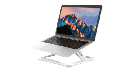 Adjustable aluminum laptop stand for ergonomic desk setup — minimalist portable riser with cable management and ventilation slots, isolated on transparent background (high-resolution PNG cutout)