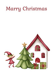 Naklejka premium Merry Christmas Greeting Card with Cute Elf, House, and Christmas Tree