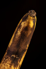 banana on a black pine wood table , blackening old ripe banana whose color changes to black