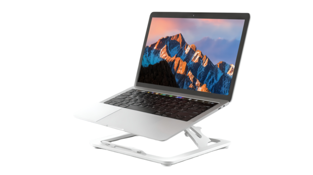 Adjustable aluminum laptop stand for ergonomic desk setup — minimalist portable riser with cable management and ventilation slots, isolated on transparent background (high-resolution PNG cutout)