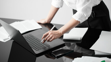 Business concept. A confident gesture by a female leader with leadership and innovative attitude.