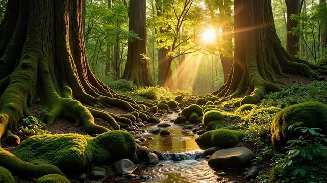 Sunlight streams through ancient forest revealing moss-covered roots and a babbling brook, creating a serene and magical natural wonderland for relaxation and discovery.