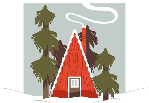 White Flat Winter Cabin Illustration