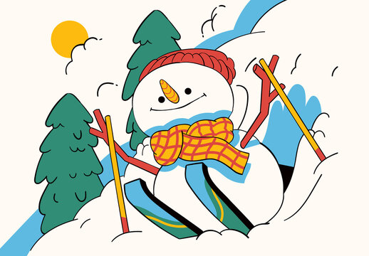 White Hand Drawn Skiing Snowman Illustration
