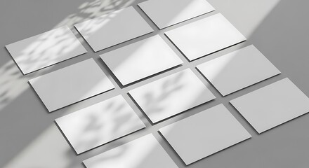 Multiple white business cards arranged with natural light and leaf shadows