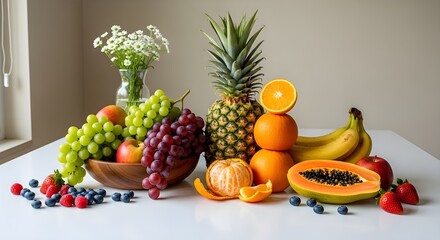 Buah, buah di atas meja putih, buah segar, buah di atas meja,still life with fruits and berries