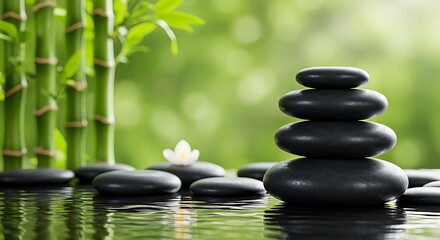 Obraz premium Smooth black stones stacked in balance over rippling water with bamboo background, symbolizing peace, harmony, and Zen relaxation.