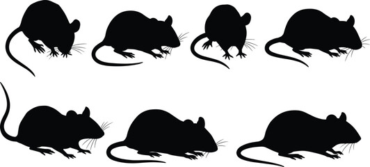 Rat and mouse silhouette set, black rodent vector illustration for wildlife design, pest control, animal art, graphic decoration, and print