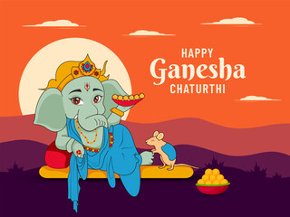 Happy Ganesha Chaturthi background design with cute lord ganesha, mushak  and ladoo vector illustration poster and banner design.