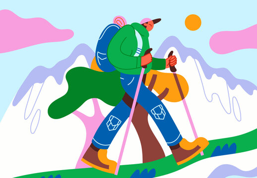 Green Flat Tracking Hiking Illustration
