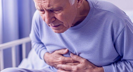 Caucasian man experiencing stomach pain, holding his belly. Medical concept of indigestion, heartburn, or abdominal discomfort.