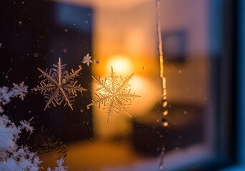 Close-up of delicate snowflakes clinging to a window pane, with a warm, blurred interior scene visible through the glass.
