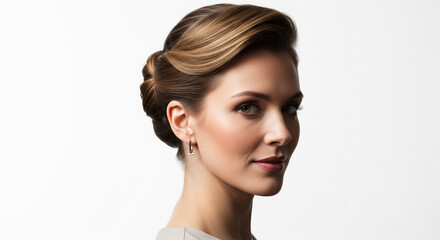 Elegant woman with sophisticated updo hairstyle and subtle makeup