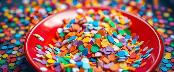 Obraz premium Vibrant red plate overflowing with colorful confettis, sweet, top view