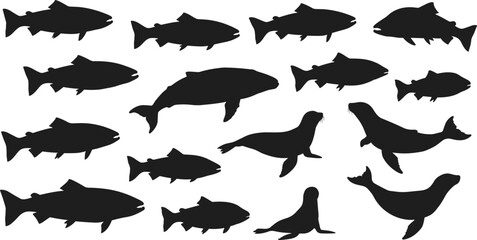 Fish and sea lion silhouette collection, vector illustration for marine life, aquatic animals, fishing, ocean wildlife, and underwater nature design