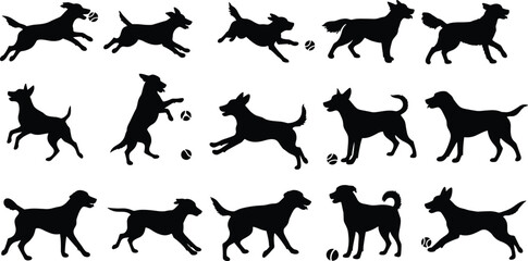 Dog silhouette set with various playful poses, running, standing, jumping, pet vector illustration for design, decoration, and sticker projects