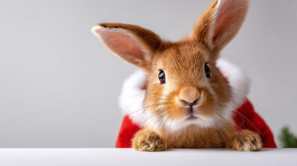 Obraz premium Funny Christmas bunny, Rabbit in red santa claus costume peeps out from behind table on white background - animals, pets, christmas and new year