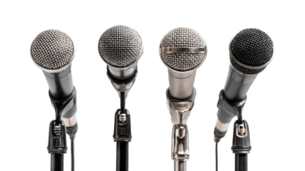 Set of adjustable microphone stands — studio-quality boom and tripod mounts isolated on transparent background, high-resolution cutout for podcasting, music recording, live streaming