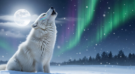 Majestic white wolf howling at the full moon under the aurora borealis in a serene winter landscape