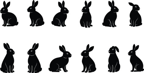 Rabbit and hare silhouettes in various poses, pet animal vector illustration for design, decoration, identification, Easter, and wildlife education