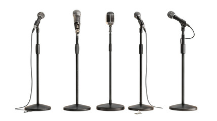 Set of adjustable microphone stands — studio-quality boom and tripod mounts isolated on transparent background, high-resolution cutout for podcasting, music recording, live streaming