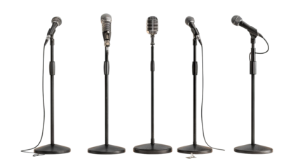 Set of adjustable microphone stands — studio-quality boom and tripod mounts isolated on transparent background, high-resolution cutout for podcasting, music recording, live streaming