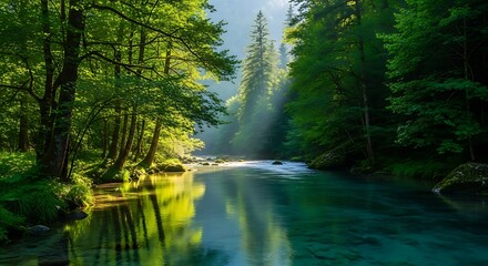 Obraz premium Serene Forest River with Sunlit Trees and Mist