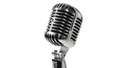 Studio microphone on chrome stand, positioned for music recording or live presentations — high-resolution transparent-background PNG cutout with clean clipping path, perfect for podcasting