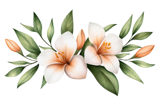 Watercolor painting of two white flowers with green leaves, isolated