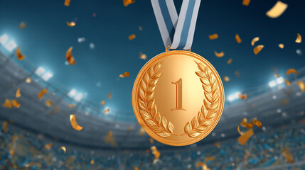 gold medal with number one for 1st place laurel wreath on festive background sport stadium with confetti, design trophy, Golden symbol of winner, celebration, sport competition, champion games