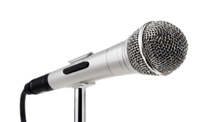 Studio microphone on chrome stand, positioned for music recording or live presentations — high-resolution transparent-background PNG cutout with clean clipping path, perfect for podcasting