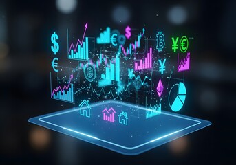 Holographic display showcasing financial data, charts, and currency symbols floating above a tablet.