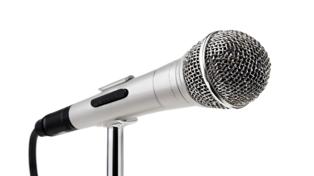 Studio microphone on chrome stand, positioned for music recording or live presentations — high-resolution transparent-background PNG cutout with clean clipping path, perfect for podcasting