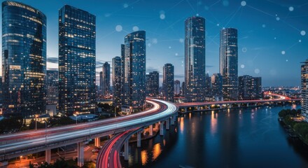Vibrant cityscape at night with smart network overlay and light trails