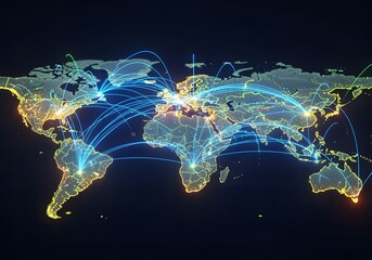 World map illustration with glowing interconnected lines representing global network connections and data flow across continents on a dark background.