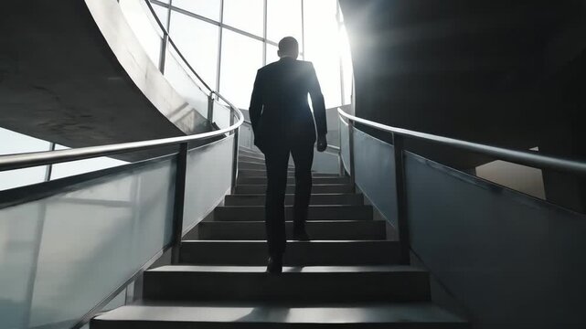 Ambitious businessman climbing stairs towards success and a bright future
