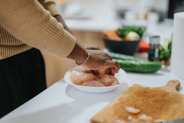 Hands arranging raw chicken on a plate in a kitchen setting, surrounded by vegetables, during meal preparation.