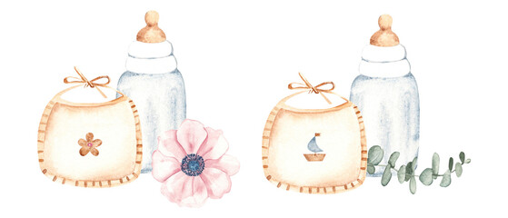 Set of Newborn Baby Compositions for Boy and Girl, Twins. Bib with a boat and flower, Bottle for milk, anemone and eucalyptus branch. Watercolor hand drawn illustration of cute Infant accessories in