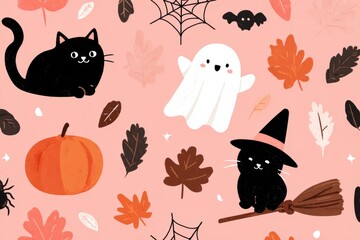 Cute halloween pattern with black cats, ghost, pumpkin, and autumn leaves on pink background