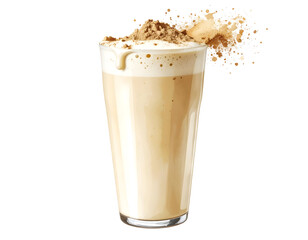 Iced coffee drink topped with whipped cream and cocoa powder. Isolated transparent background