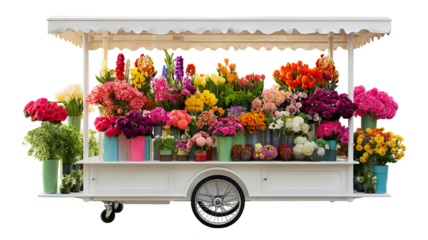 Vibrant mobile flower cart with freshly arranged bouquets, high-resolution transparent background PNG cutout — perfect for outdoor market displays, event décor, wedding arrangements, and seasonal